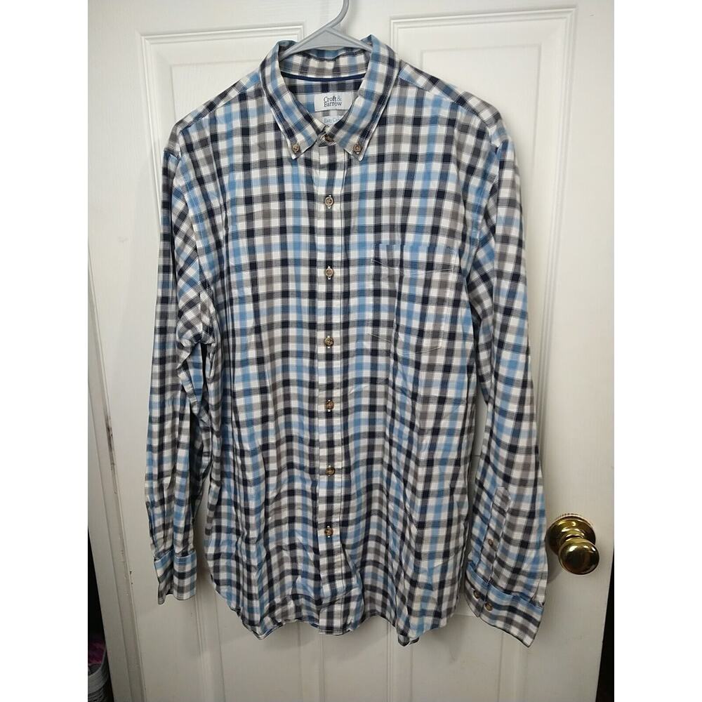 Croft & Barrow Men's L Blue Gingham Easy Care Collared Button Long Sleeve Pocket